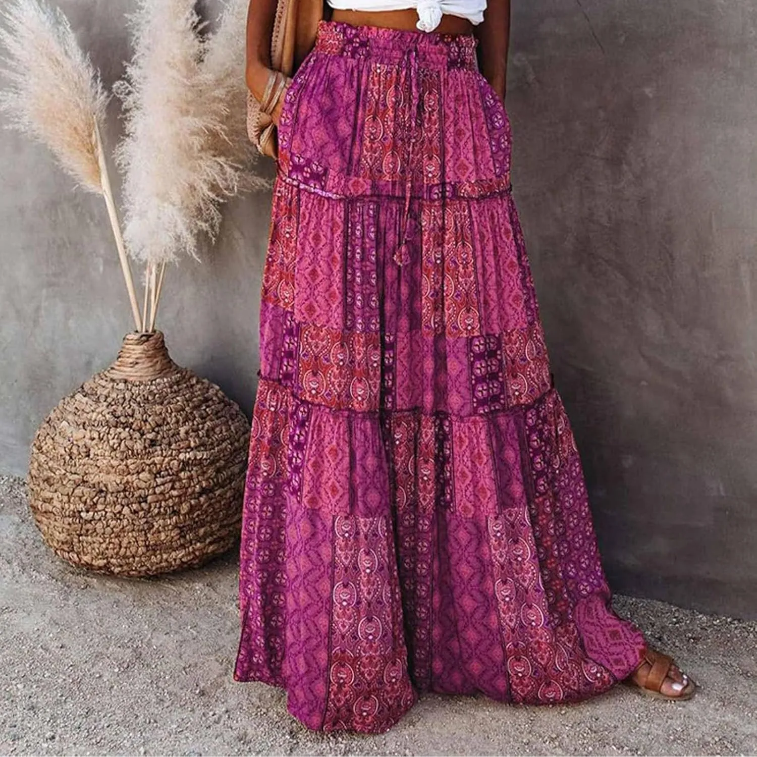 Womens Boho Maxi Skirts Summer Floral Print Elastic High Waisted Skorts Casual Flowy Tiered Ruffle Hem Long Skirts