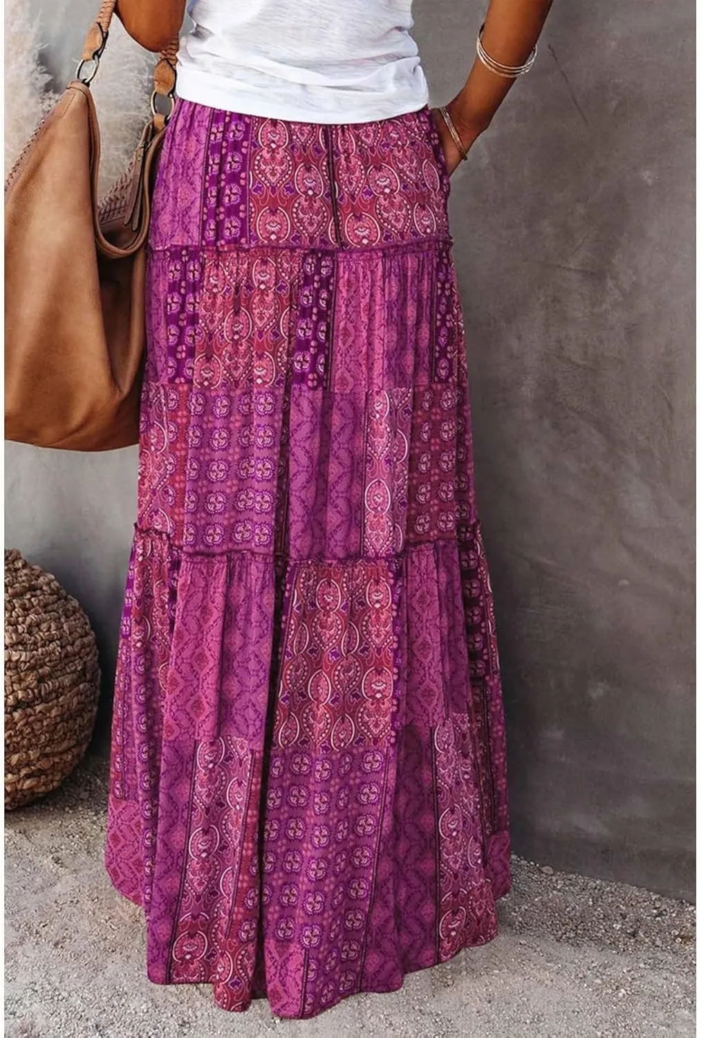 Womens Boho Maxi Skirts Summer Floral Print Elastic High Waisted Skorts Casual Flowy Tiered Ruffle Hem Long Skirts