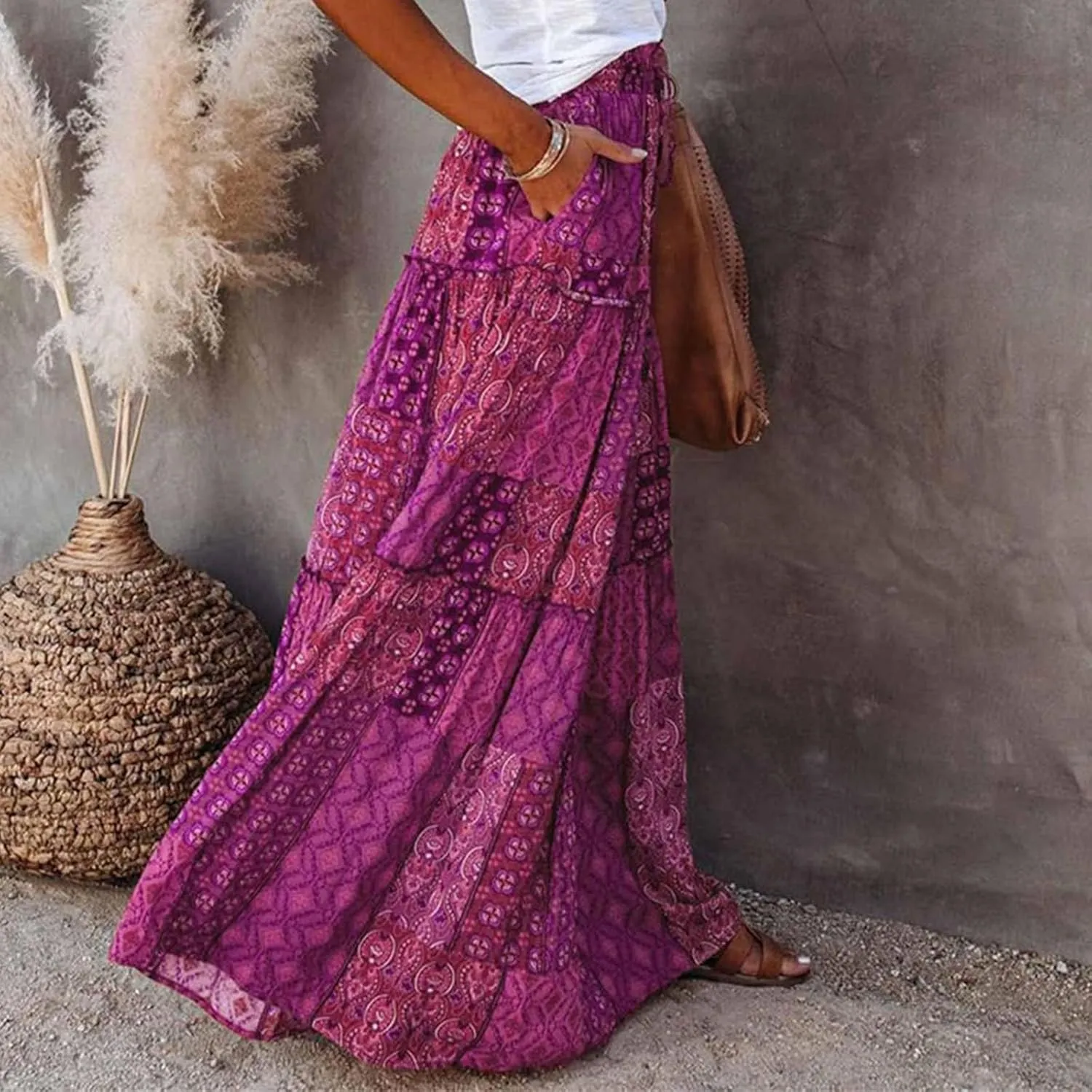 Womens Boho Maxi Skirts Summer Floral Print Elastic High Waisted Skorts Casual Flowy Tiered Ruffle Hem Long Skirts