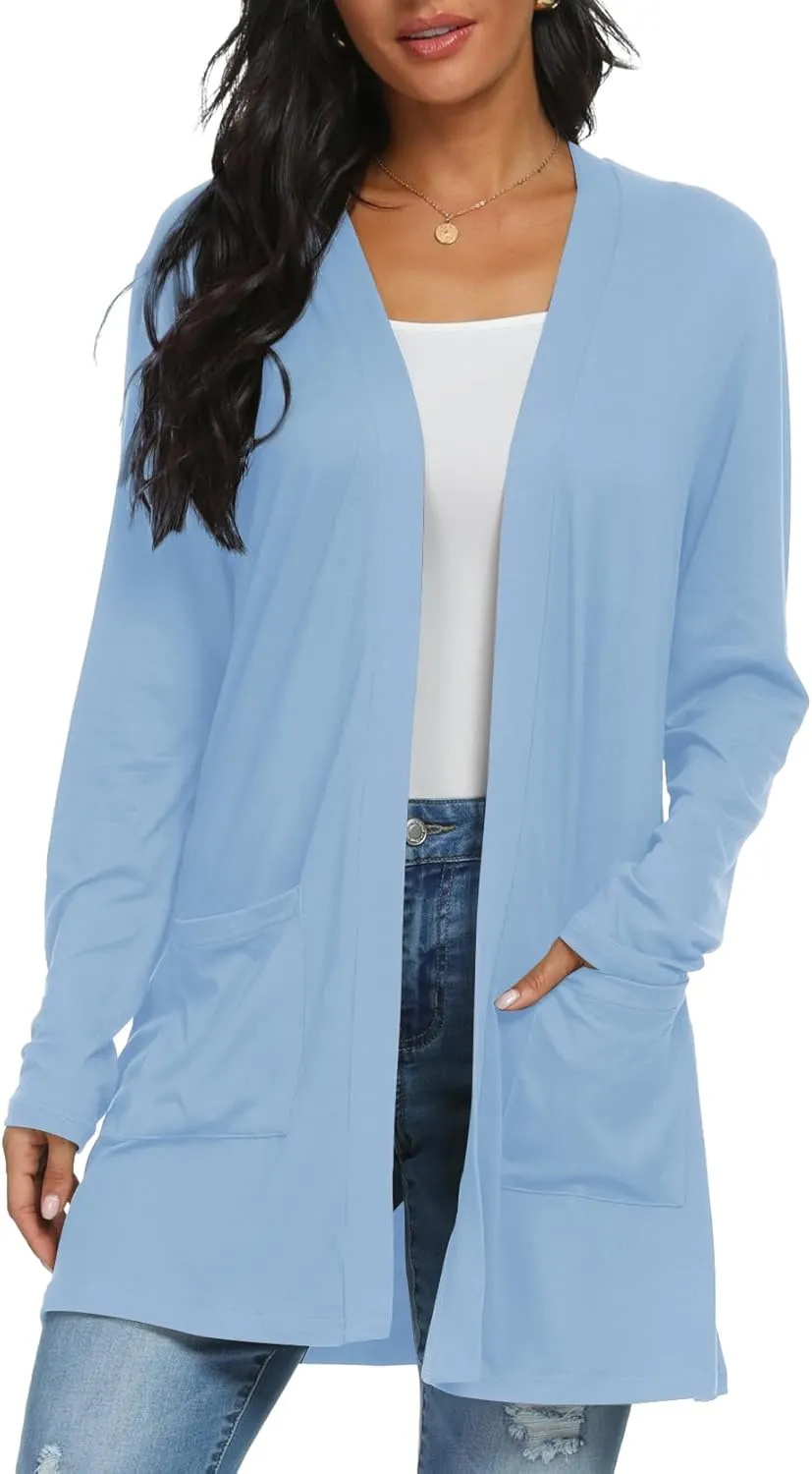 Womens Casual Lightweight with Pocketes Long Sleeve Open Front Cardigan