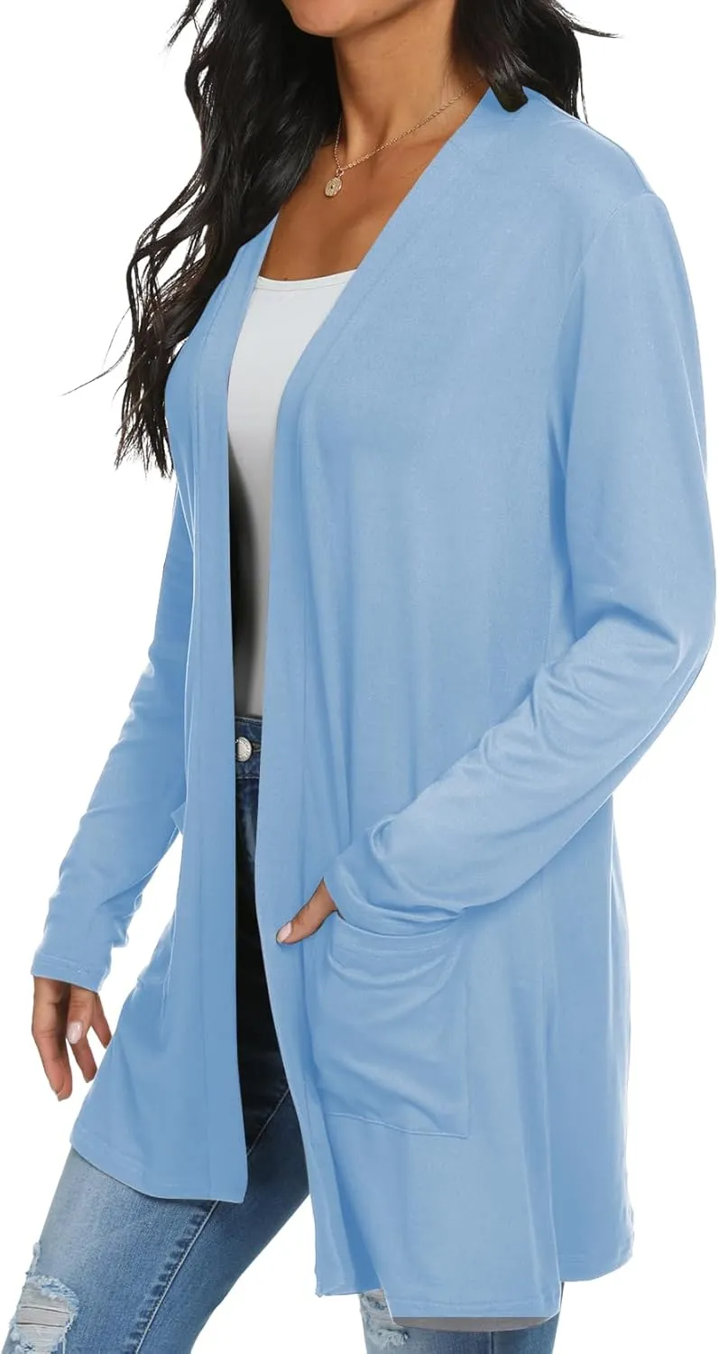 Womens Casual Lightweight with Pocketes Long Sleeve Open Front Cardigan