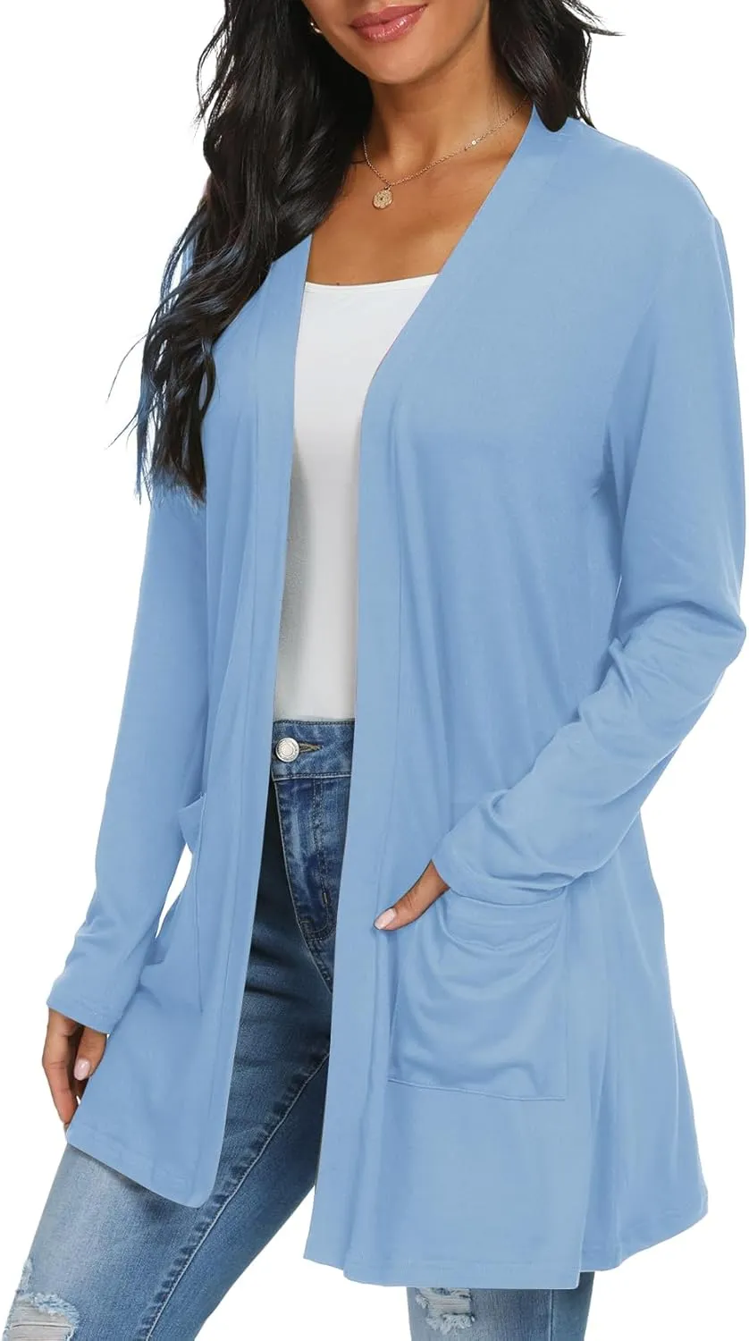 Womens Casual Lightweight with Pocketes Long Sleeve Open Front Cardigan