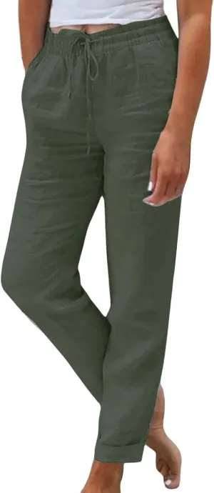 Womens Cotton Linen Pants 2025 Loose Fit Straight Leg Drawstring Summer Elastic Waist Plus Size Lounge Long Trousers