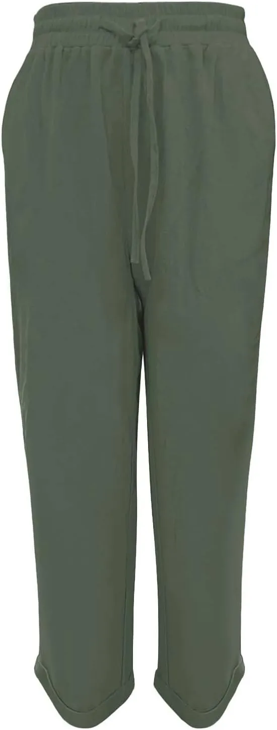 Womens Cotton Linen Pants 2025 Loose Fit Straight Leg Drawstring Summer Elastic Waist Plus Size Lounge Long Trousers