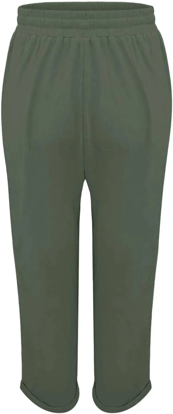 Womens Cotton Linen Pants 2025 Loose Fit Straight Leg Drawstring Summer Elastic Waist Plus Size Lounge Long Trousers