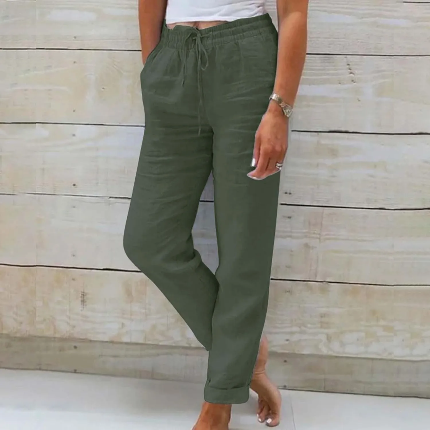 Womens Cotton Linen Pants 2025 Loose Fit Straight Leg Drawstring Summer Elastic Waist Plus Size Lounge Long Trousers