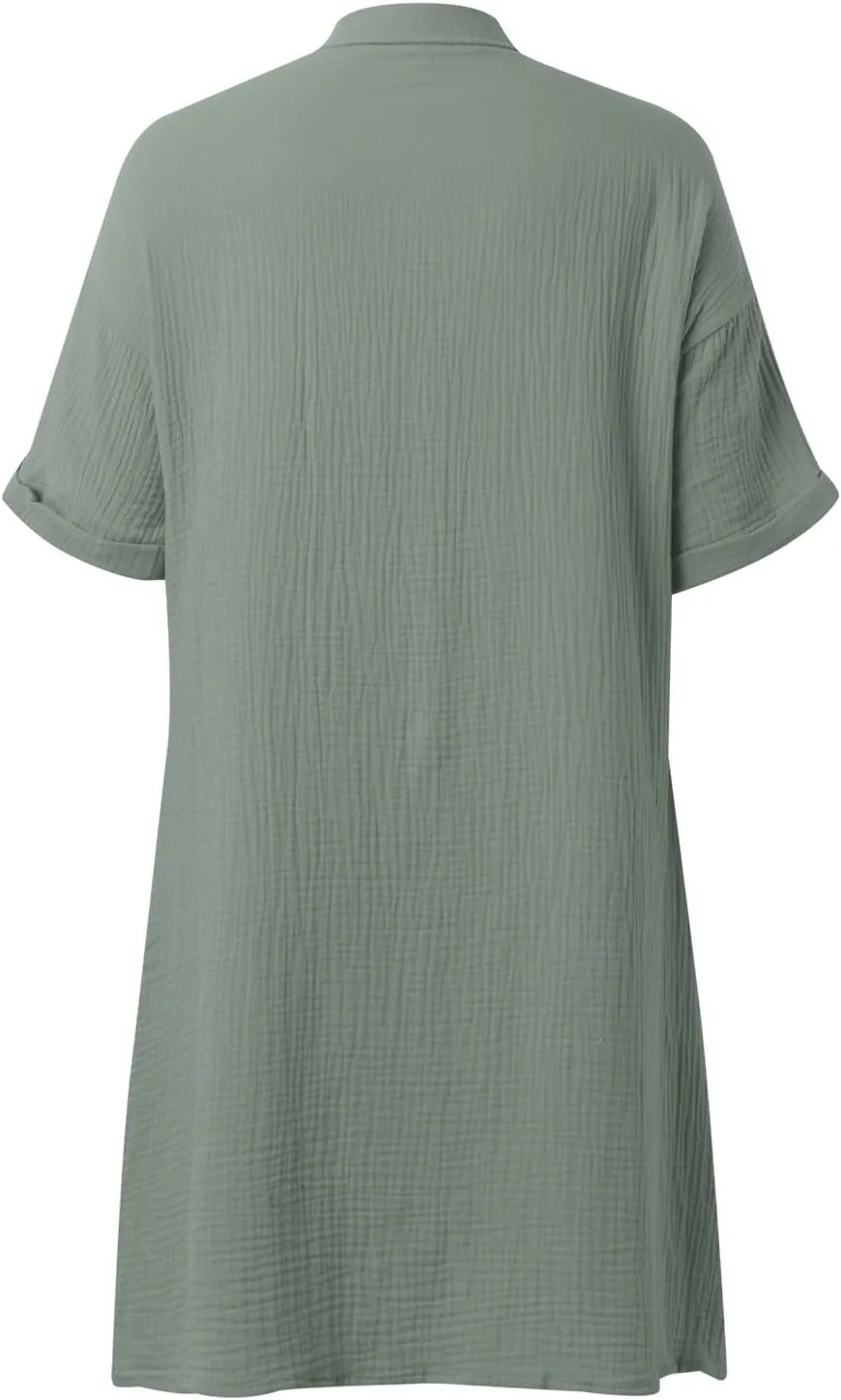 Womens Cotton Linen Shirt Dresses 2025 Summer Short Sleeve Button Down Midi Dress Knee Length Beach Dress with Pockets