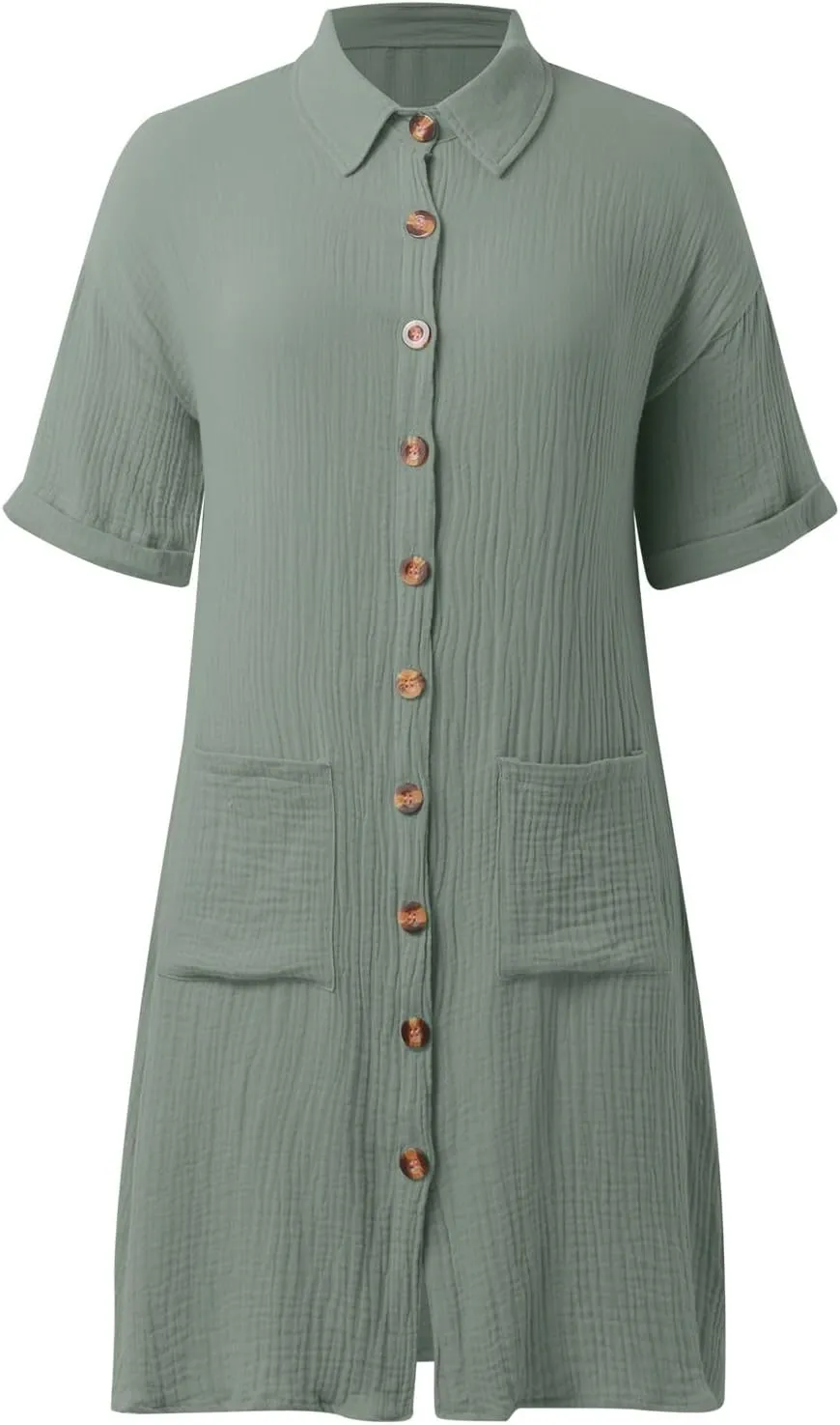 Womens Cotton Linen Shirt Dresses 2025 Summer Short Sleeve Button Down Midi Dress Knee Length Beach Dress with Pockets