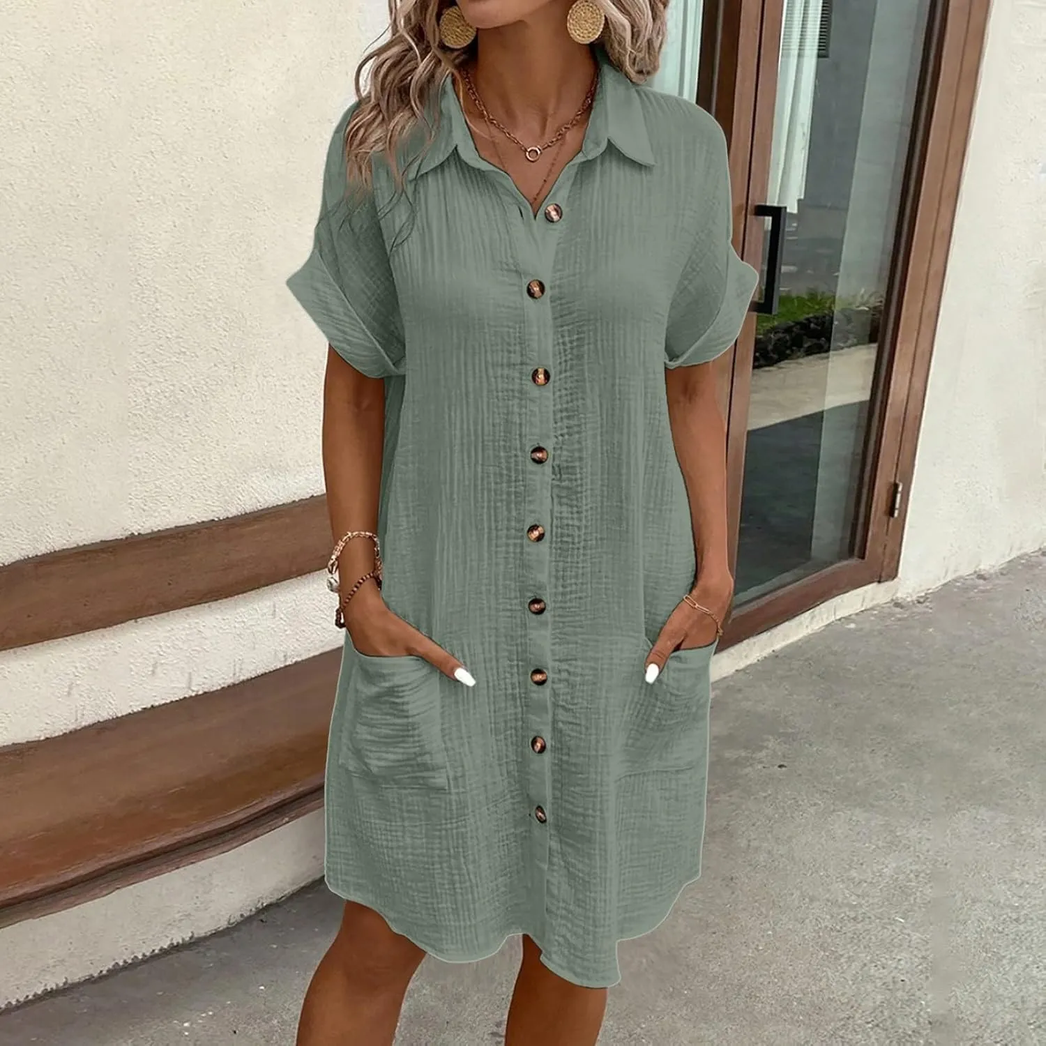 Womens Cotton Linen Shirt Dresses 2025 Summer Short Sleeve Button Down Midi Dress Knee Length Beach Dress with Pockets