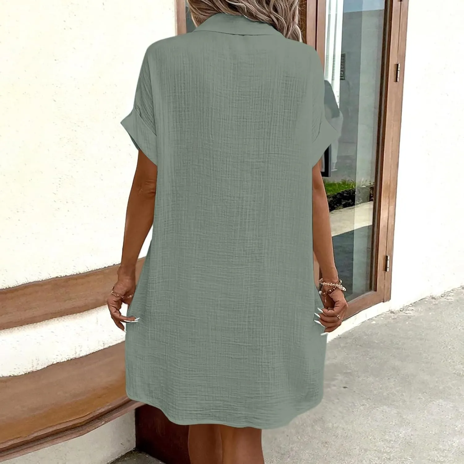 Womens Cotton Linen Shirt Dresses 2025 Summer Short Sleeve Button Down Midi Dress Knee Length Beach Dress with Pockets