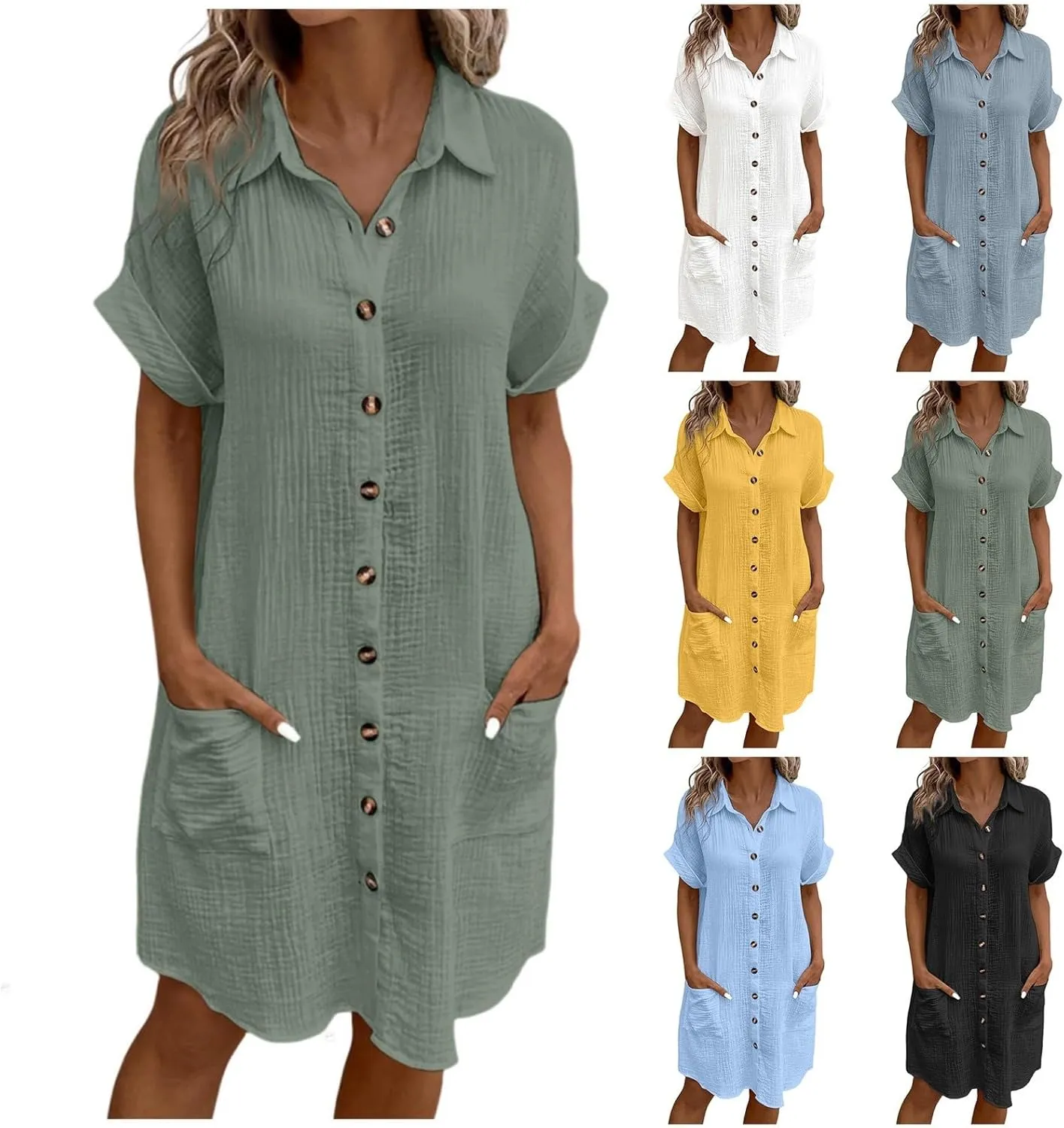 Womens Cotton Linen Shirt Dresses 2025 Summer Short Sleeve Button Down Midi Dress Knee Length Beach Dress with Pockets