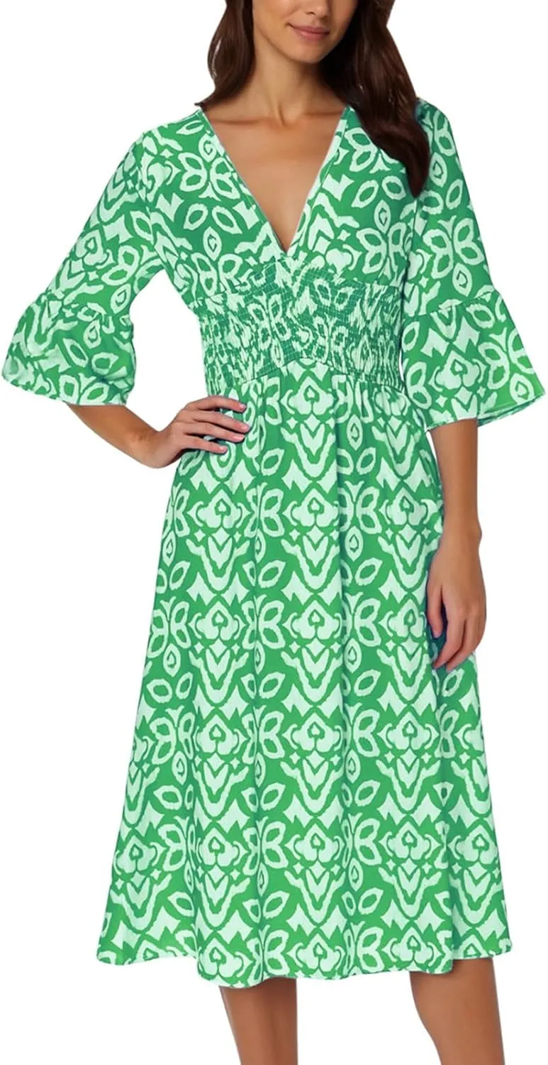 Women's Floral Midi Dress V Neck 3/4 Sleeve Casual A-Line Summer Dresses Boho Beach Flowy Sundress