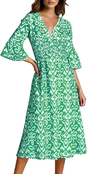 Women's Floral Midi Dress V Neck 3/4 Sleeve Casual A-Line Summer Dresses Boho Beach Flowy Sundress