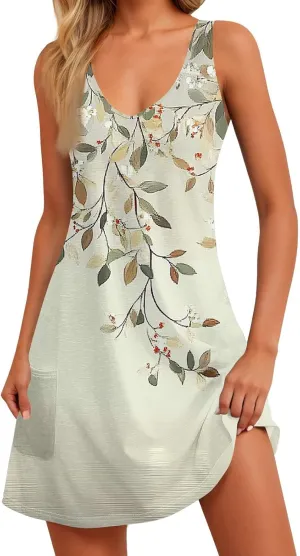 Women's Summer Dresses 2025 Printed Swimsuit Coverup Beach Vacation Sundress Sleeveless Casual Dress with Pocket