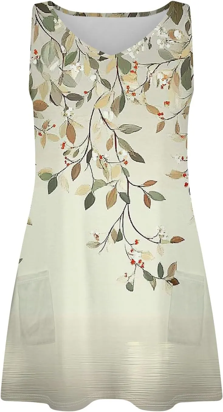 Women's Summer Dresses 2025 Printed Swimsuit Coverup Beach Vacation Sundress Sleeveless Casual Dress with Pocket