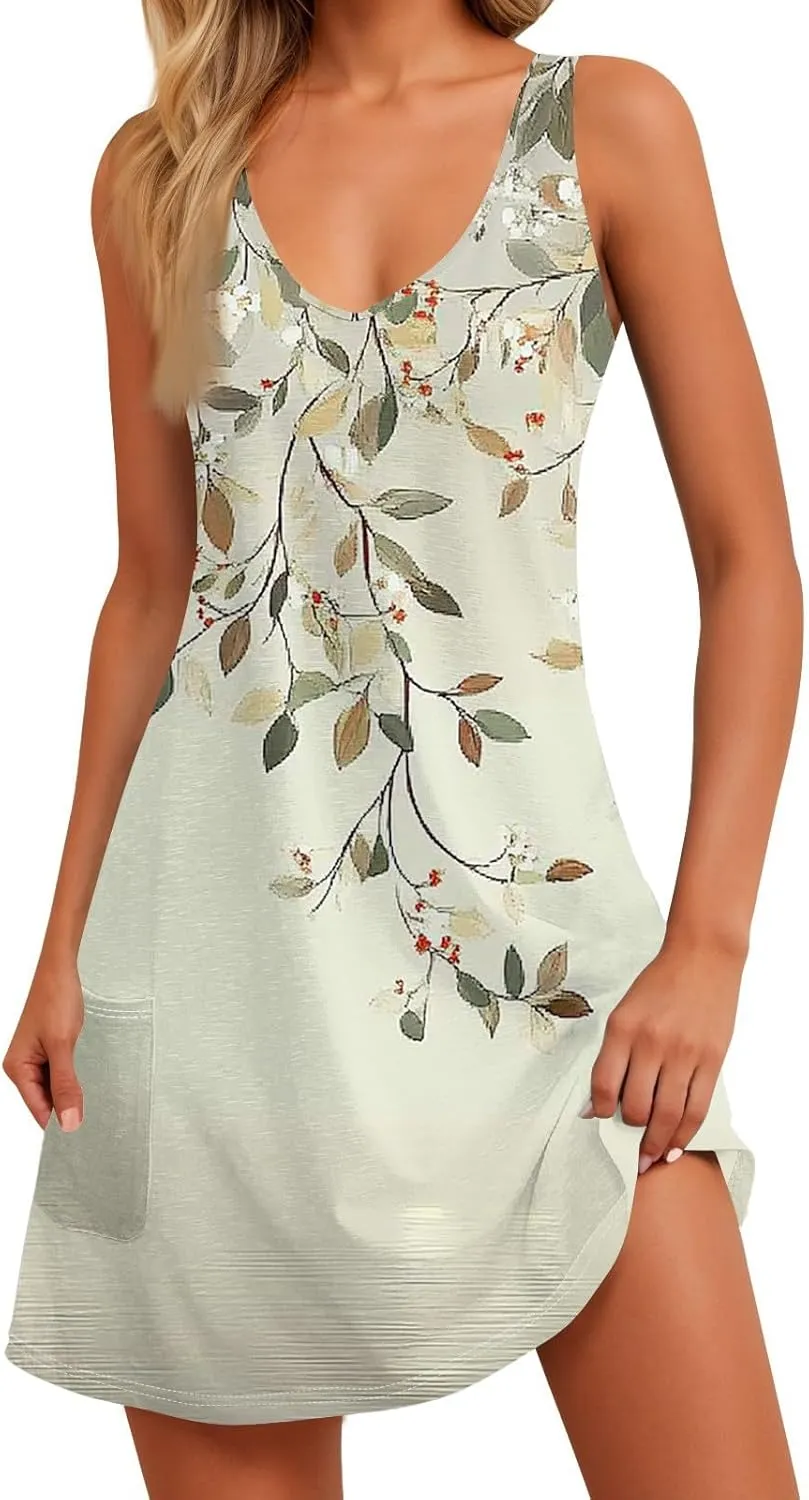 Women's Summer Dresses 2025 Printed Swimsuit Coverup Beach Vacation Sundress Sleeveless Casual Dress with Pocket
