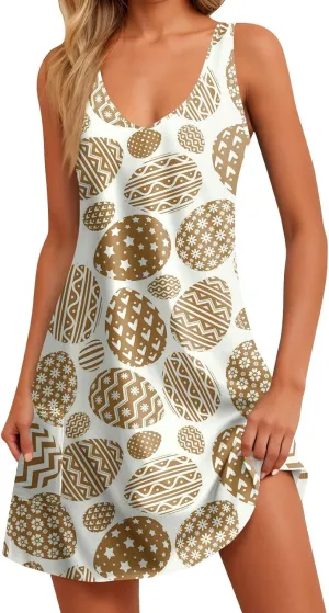Womens Summer Dresses Sleeveless V Neck Swimsuit Coverup Casual Vacation Dress with Pocket Beach Printed Sundress