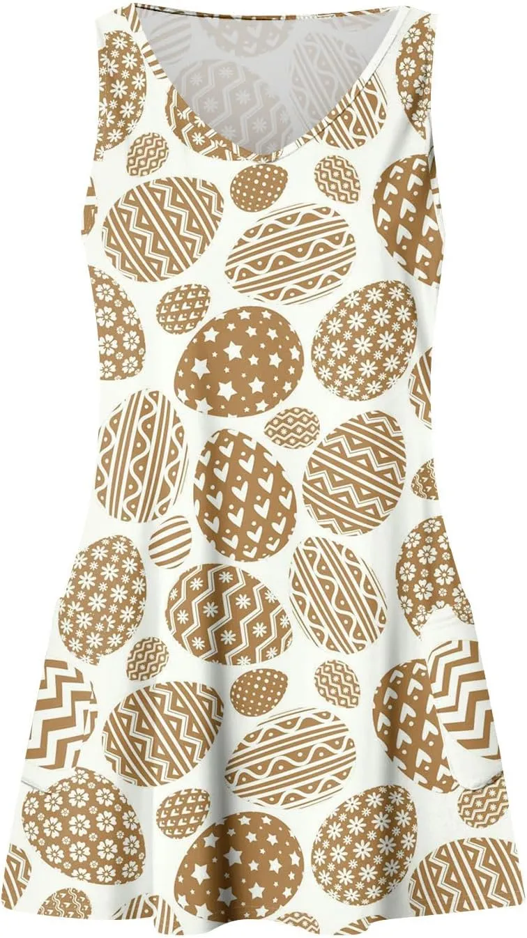 Womens Summer Dresses Sleeveless V Neck Swimsuit Coverup Casual Vacation Dress with Pocket Beach Printed Sundress