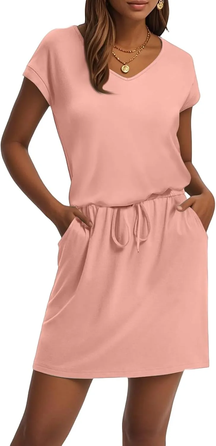 Womens Summer Dresses V Neck Short Sleeve Tshirt Dress Drawstring Cinched Waist Mini Dress A Line Casual Dresses 2025