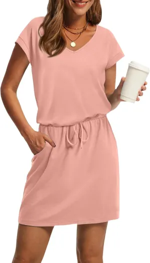 Womens Summer Dresses V Neck Short Sleeve Tshirt Dress Drawstring Cinched Waist Mini Dress A Line Casual Dresses 2025