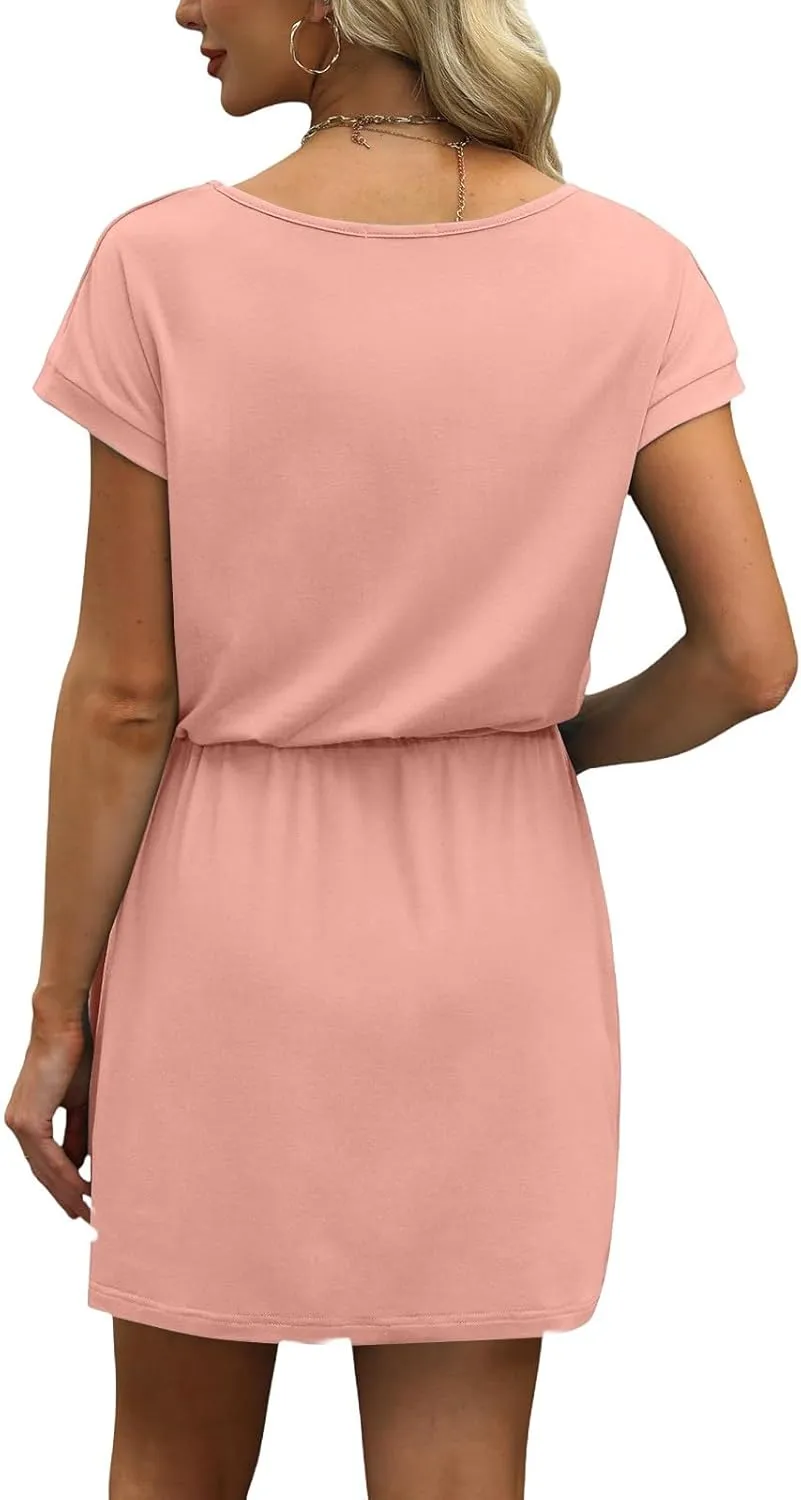 Womens Summer Dresses V Neck Short Sleeve Tshirt Dress Drawstring Cinched Waist Mini Dress A Line Casual Dresses 2025