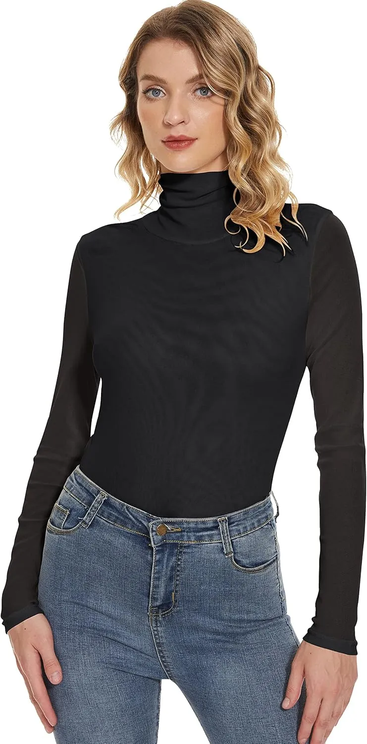 Women's Turtleneck Top Long Sleeve Slim Fit Shirts Mesh Sheer See Through Casual Top