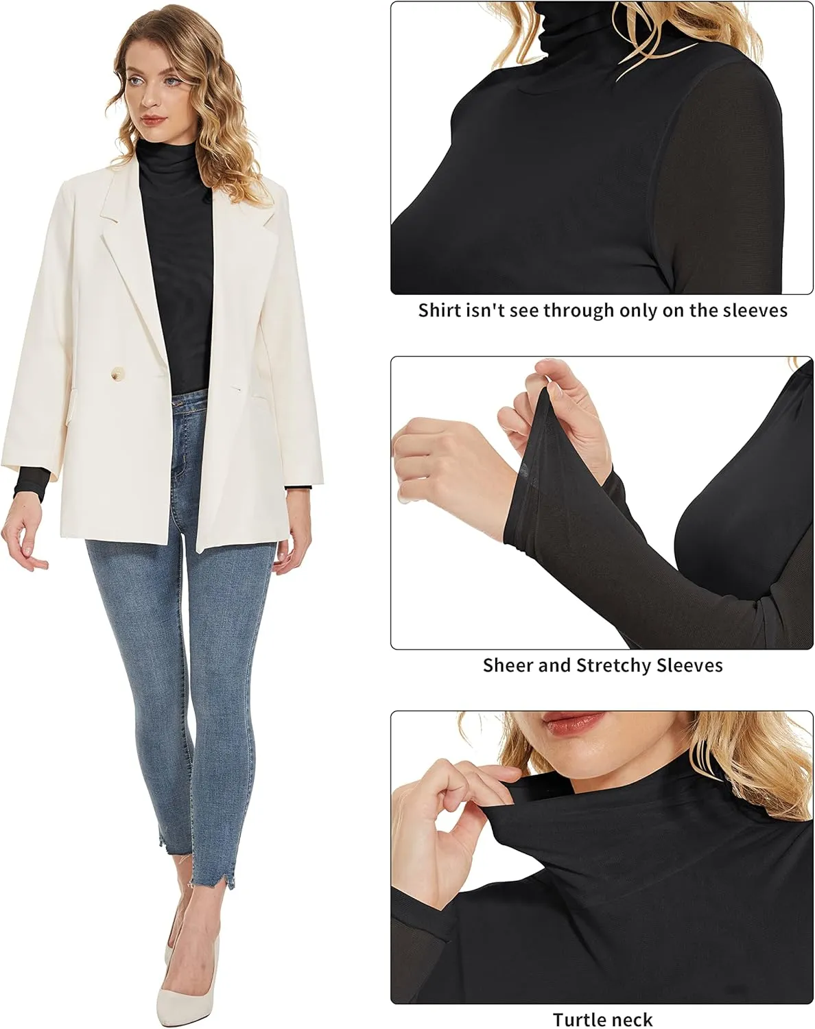 Women's Turtleneck Top Long Sleeve Slim Fit Shirts Mesh Sheer See Through Casual Top