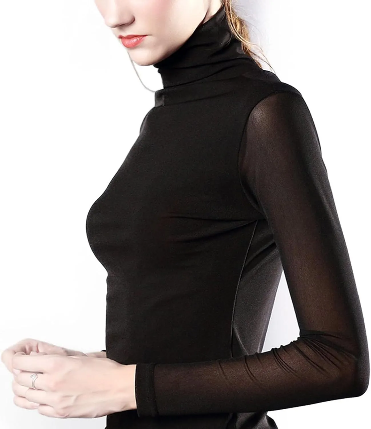 Women's Turtleneck Top Long Sleeve Slim Fit Shirts Mesh Sheer See Through Casual Top