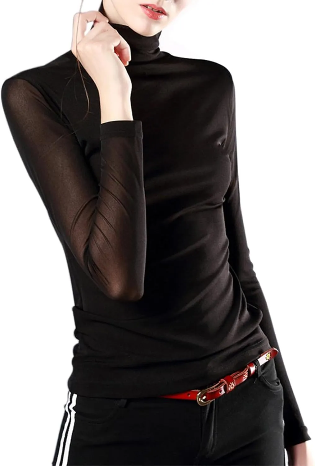 Women's Turtleneck Top Long Sleeve Slim Fit Shirts Mesh Sheer See Through Casual Top