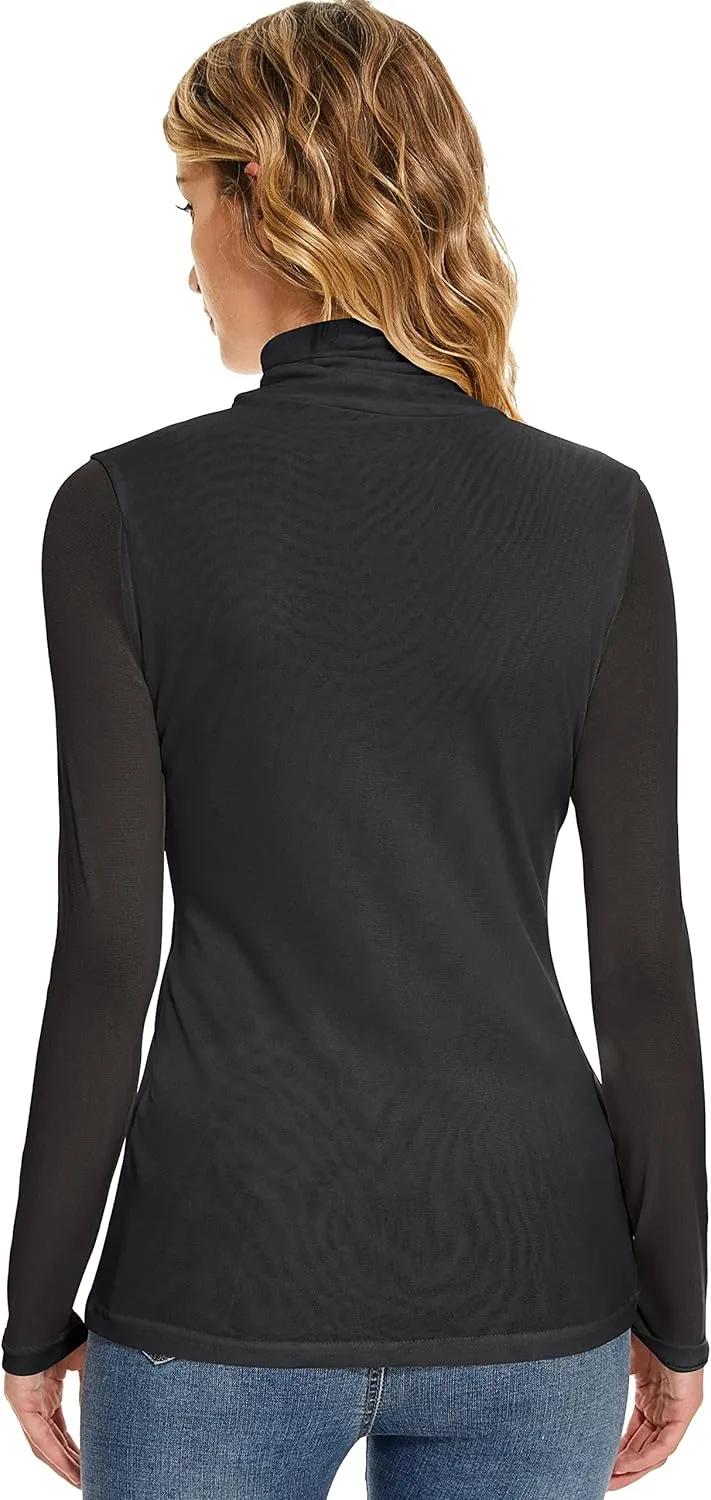 Women's Turtleneck Top Long Sleeve Slim Fit Shirts Mesh Sheer See Through Casual Top