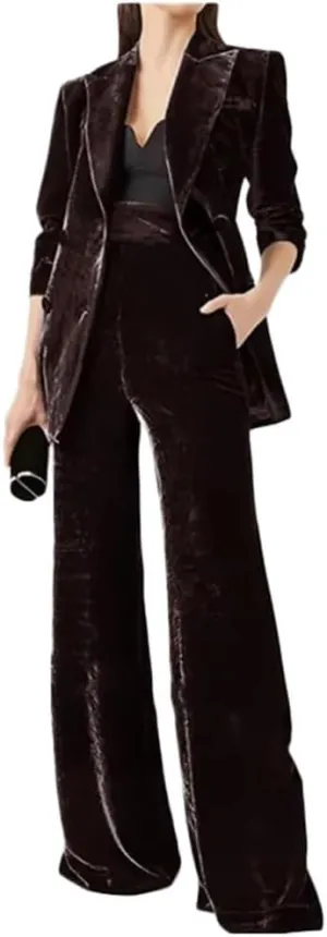 Womens Velvet Pant Suit 2 PC Double Breasted Prom Suit Peak Lapel Office Work Suit Formal Suit