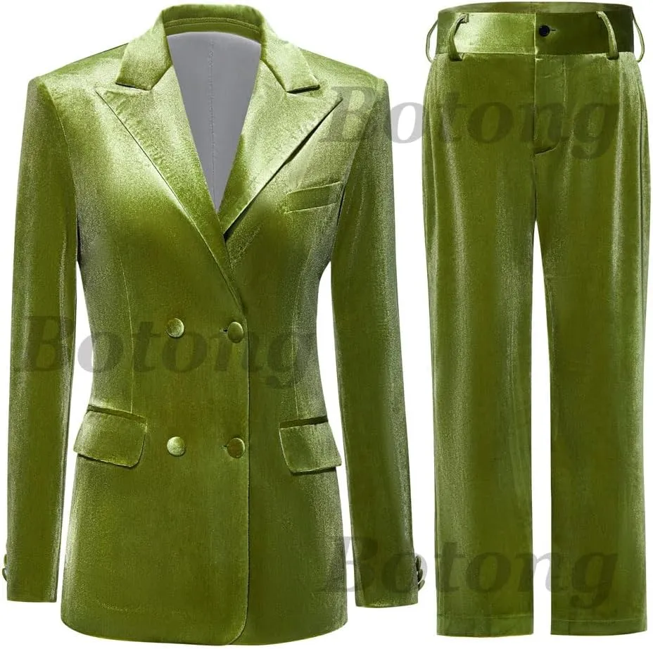 Womens Velvet Pant Suit 2 PC Double Breasted Prom Suit Peak Lapel Office Work Suit Formal Suit